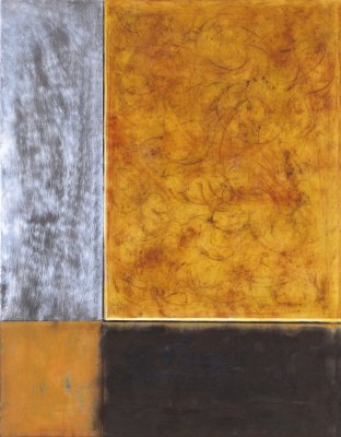Ulla Ströhmann - Enkaustik mit Blattmetall auf Holz, orange