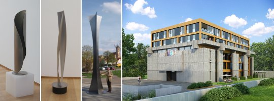 Skulpturen von Roland Phleps und Visualisierung des Wohnbauprojekts